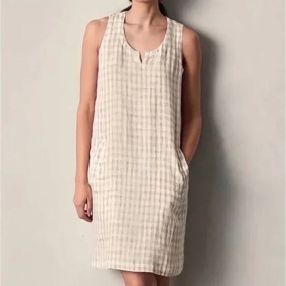 EILEEN FISHER Organic Linen Slub Gingham Check Shift Dress Natural Cream {3T46}